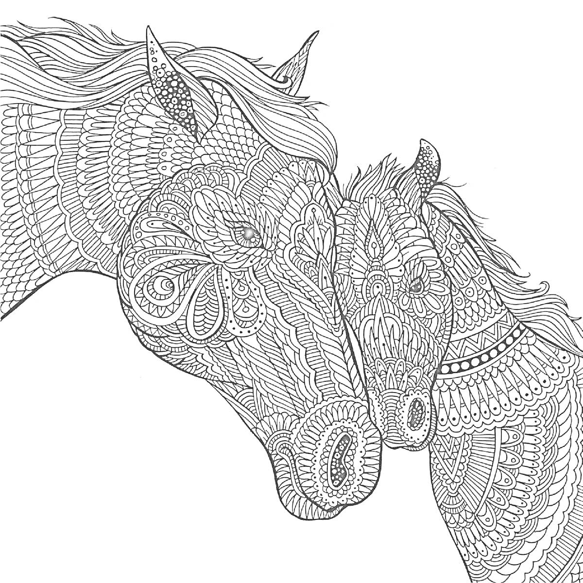 Раскраска Лошади с узорами - две обезрамочные головы лошадей, украшенные сложными орнаментами
