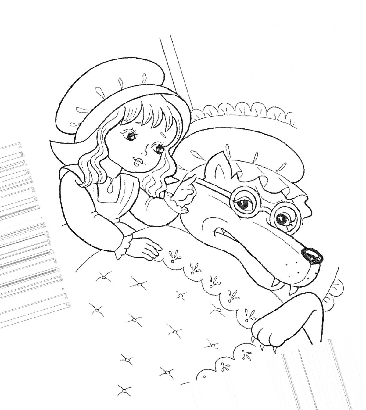 На раскраске изображено: Красная Шапочка, Волк, Девочка, Очки, Для детей, 4-5 лет