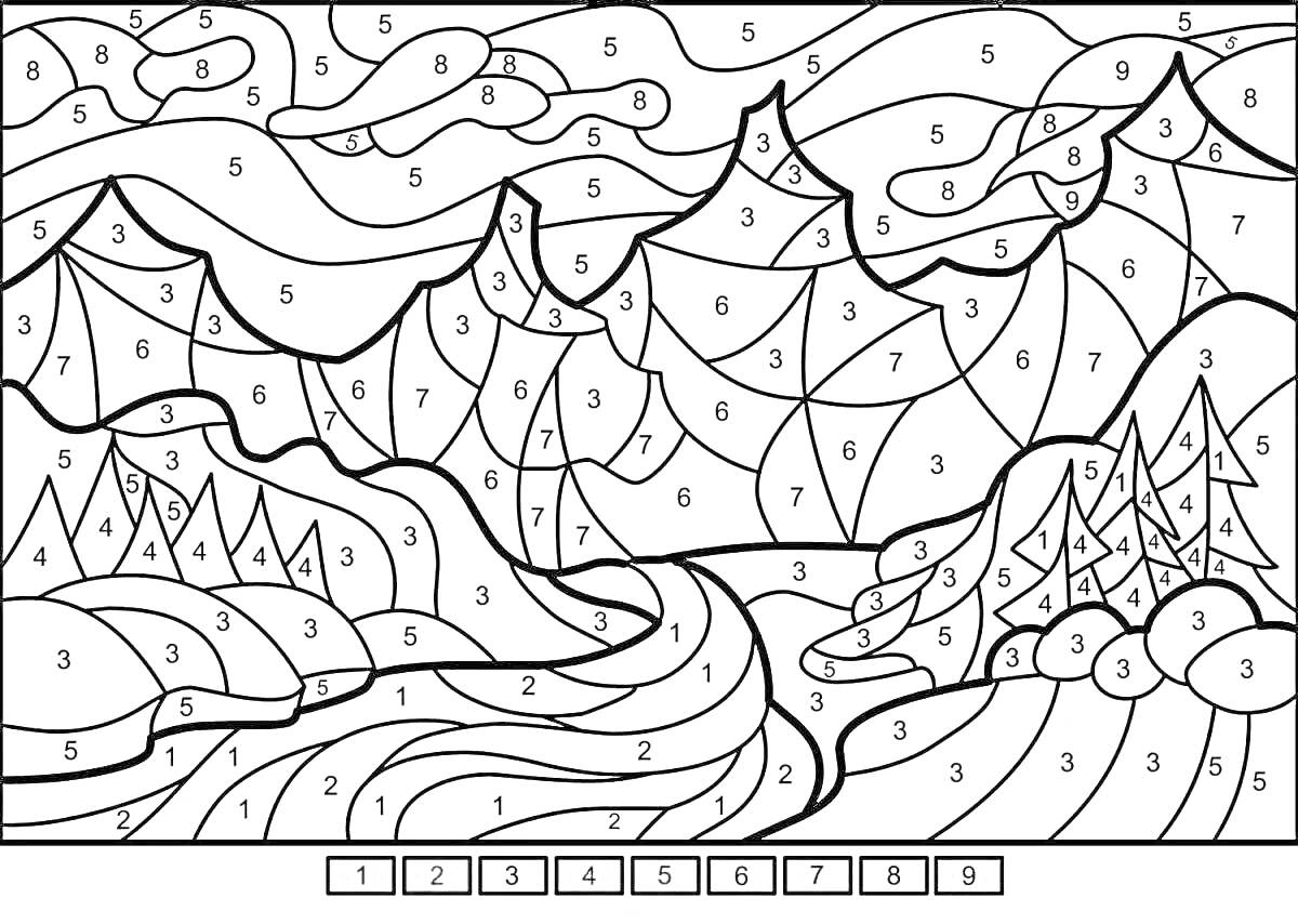 Раскраска Пейзаж с горами, деревьями и рекой