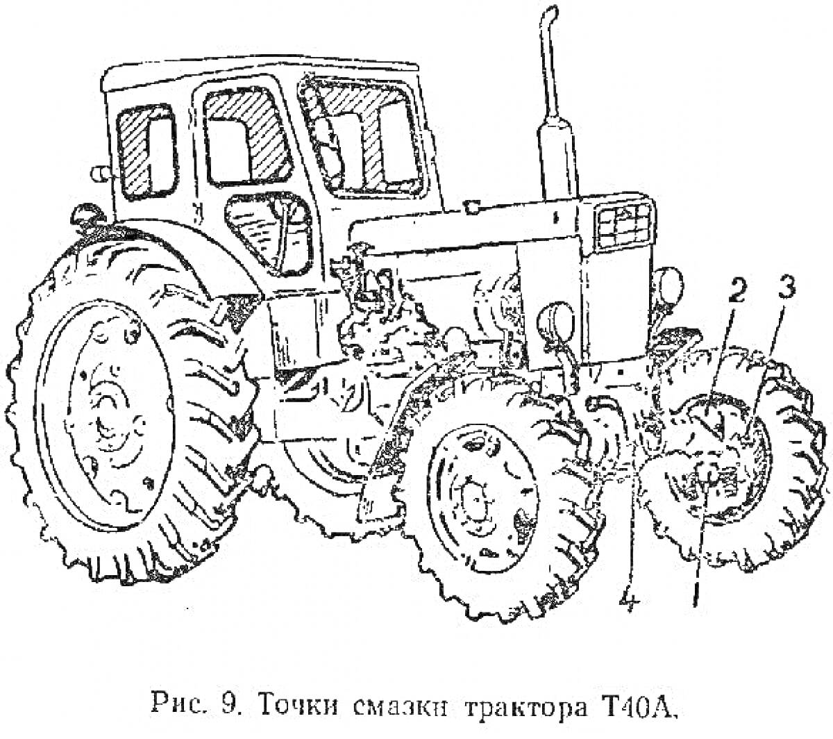 Раскраска Точки смазки трактора Т40А (Рис. 9) - изображение трактора с указанием точек смазки, видны кабина, колеса, двигатель и указатели точек смазки