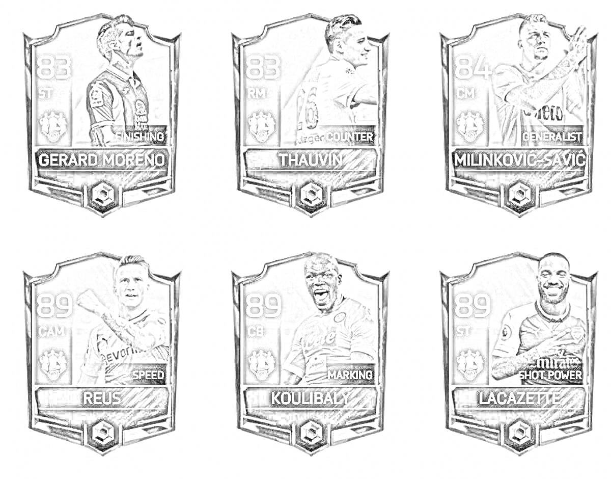 Раскраска Игровые карточки футболистов в FIFA Mobile: Gerard Moreno, Thauvin, Milinković-Savić, Reus, Koulibaly, Lacazette