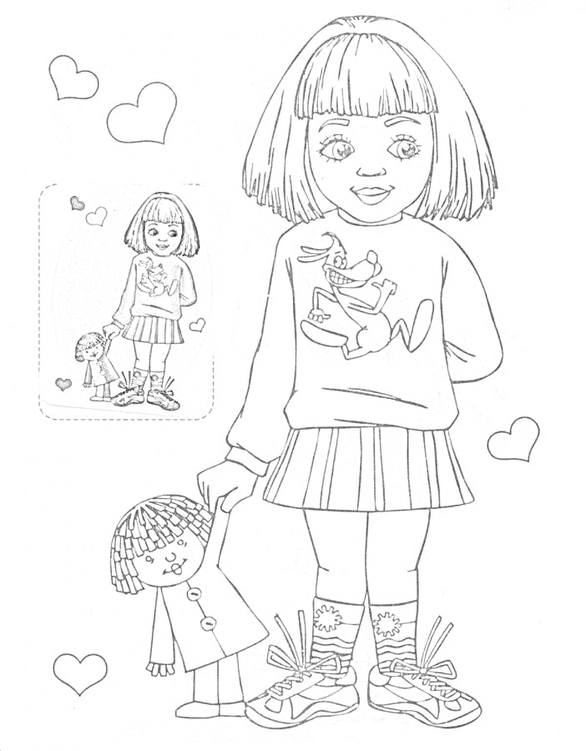 Раскраска Девочка с куклой и сердечками