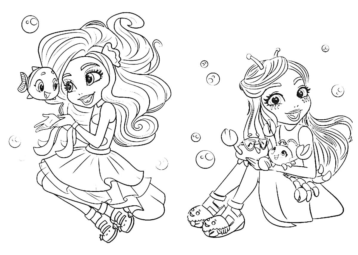 Раскраска Девочки-энчантималс с питомцами и пузырями