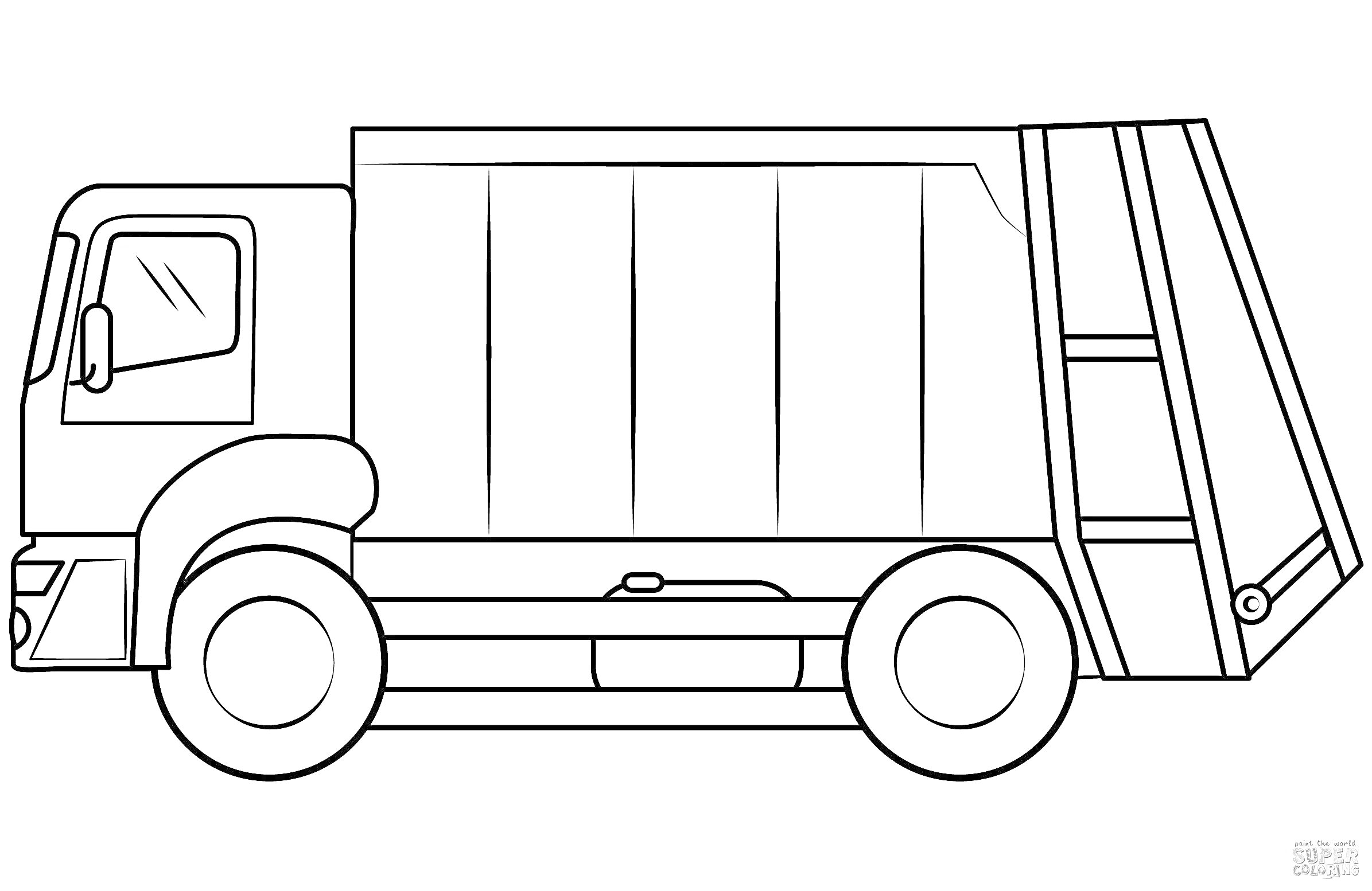 На раскраске изображено: Мусоровоз, Транспорт, Контейнер, Колёса, Окна, Мусор, Учимся рисовать
