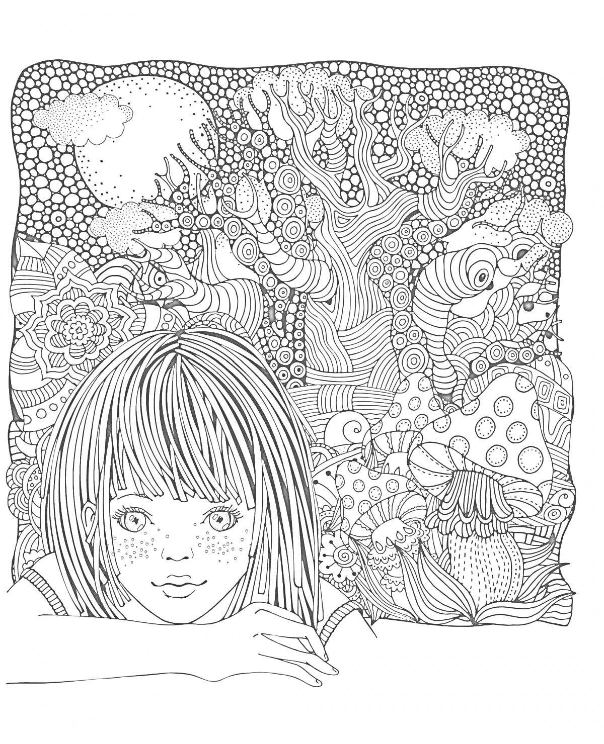Раскраска Девочка с грибами, деревьями и облаками в антистресс узорах