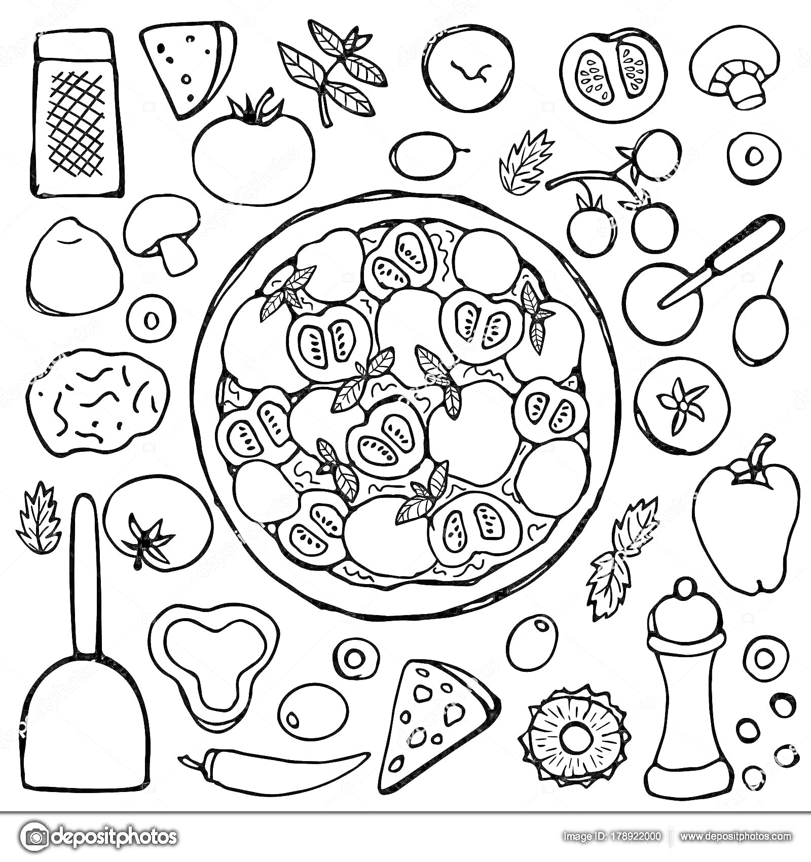 Раскраска Еда и ингредиенты с пиццей в центре