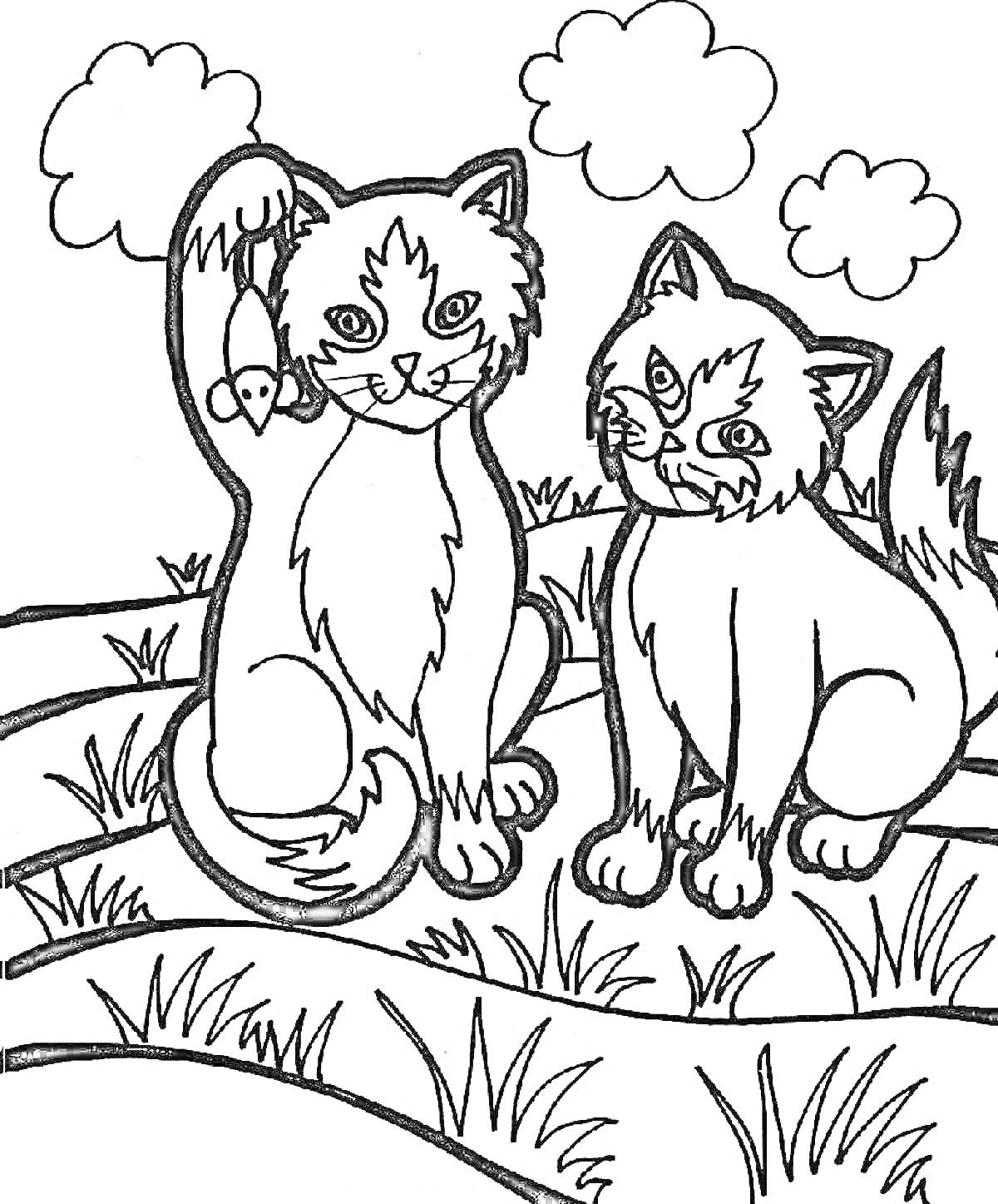 Раскраска Две кошки на лугу с птичкой и облаками