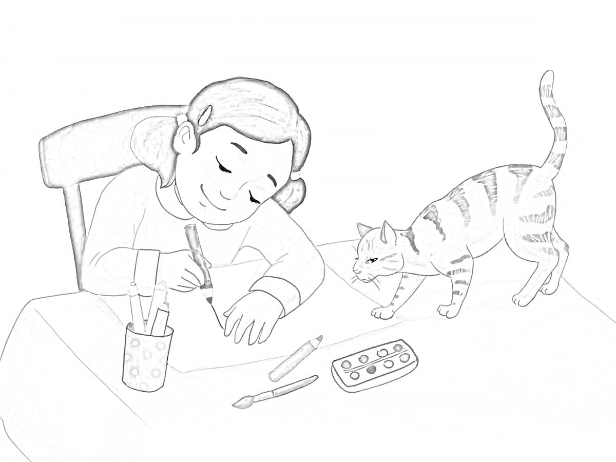 Раскраска Девочка рисует за столом с котом рядом