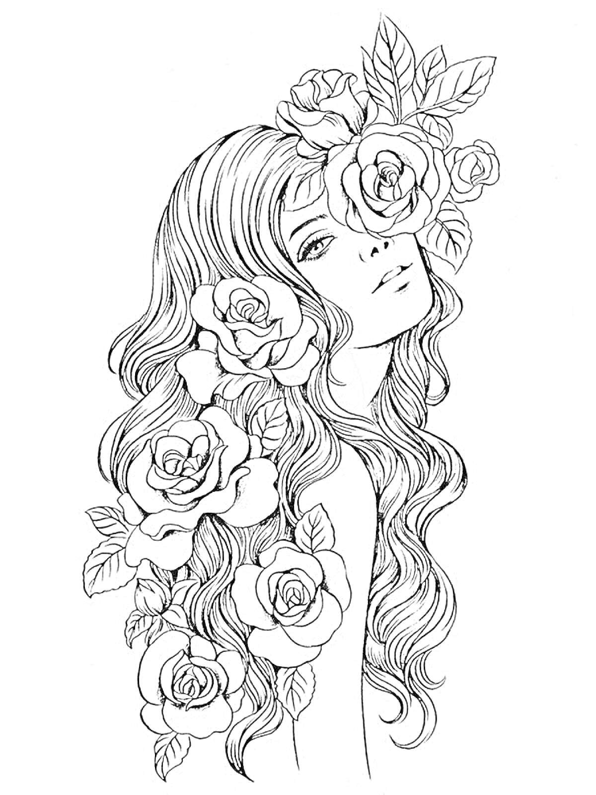 На раскраске изображено: Длинные волосы, Розы, Цветы, Искусство, Девочка, Красивые