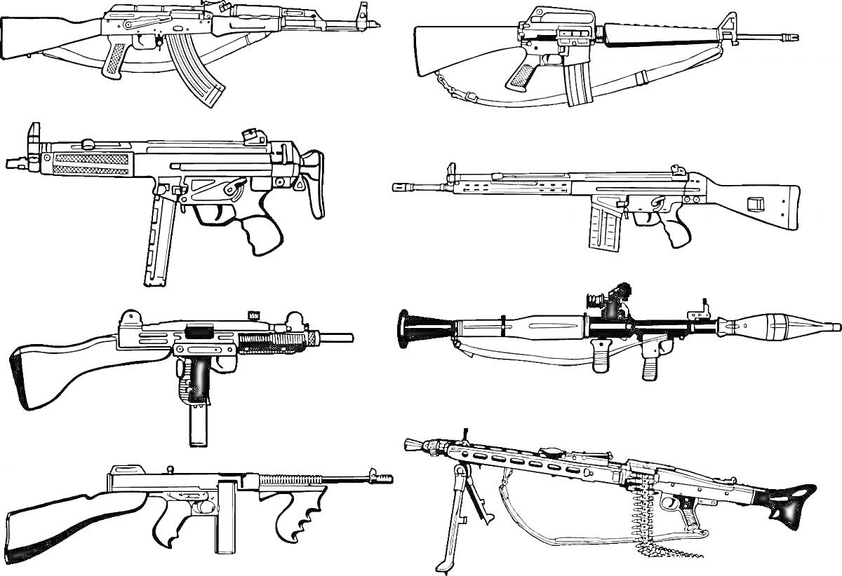 Раскраска Автоматы, винтовка с подствольным гранатометом, снайперская винтовка, пистолет-пулемет, гранатомет, пулемет