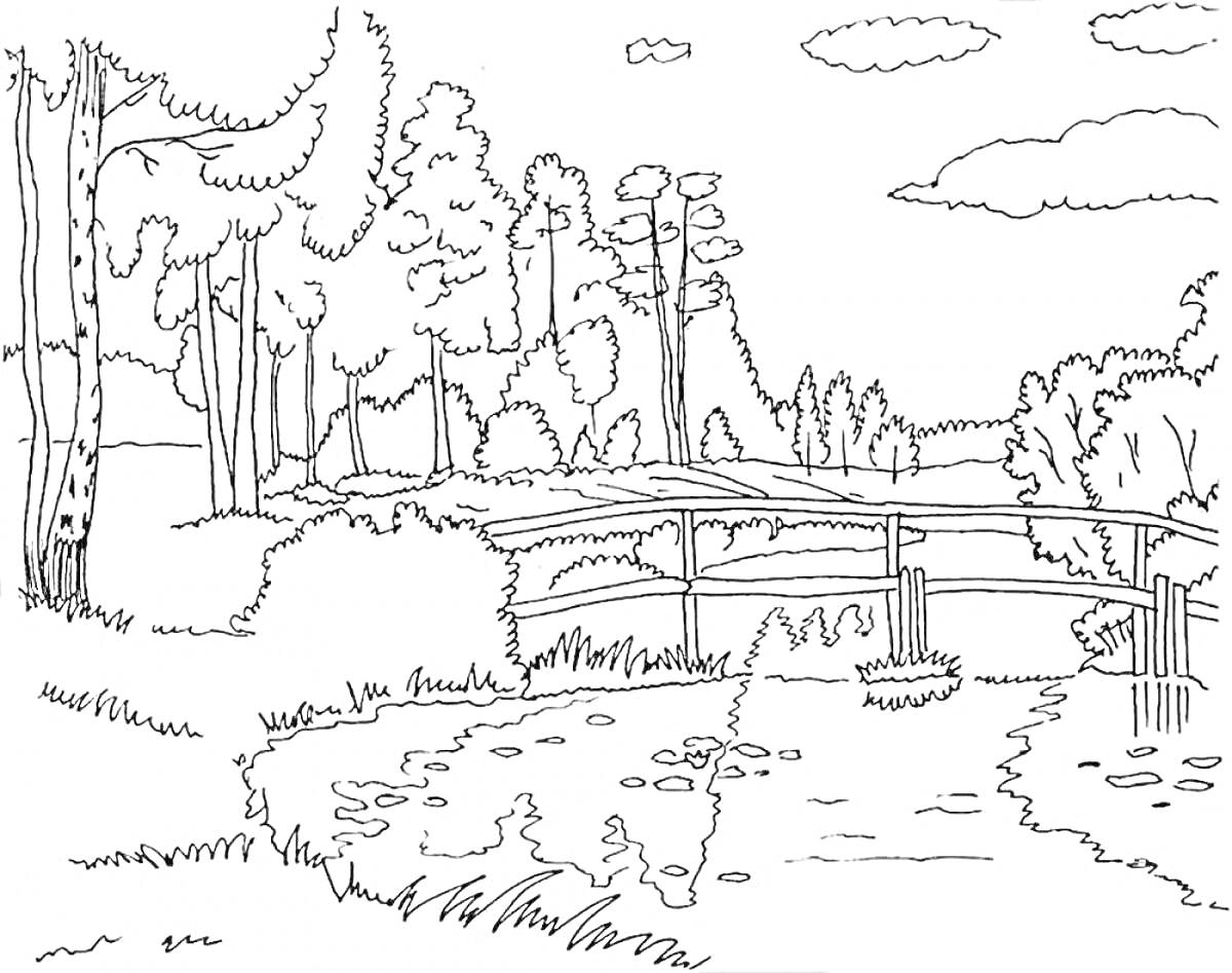 Раскраска Лесной пейзаж с мостом через реку и облаками