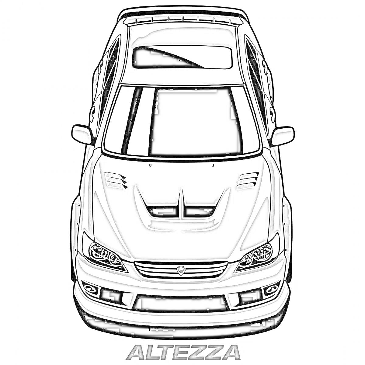 Раскраска Тойота Альтеза (вид сверху, серый спортивный автомобиль с надписью ALTEZZA)