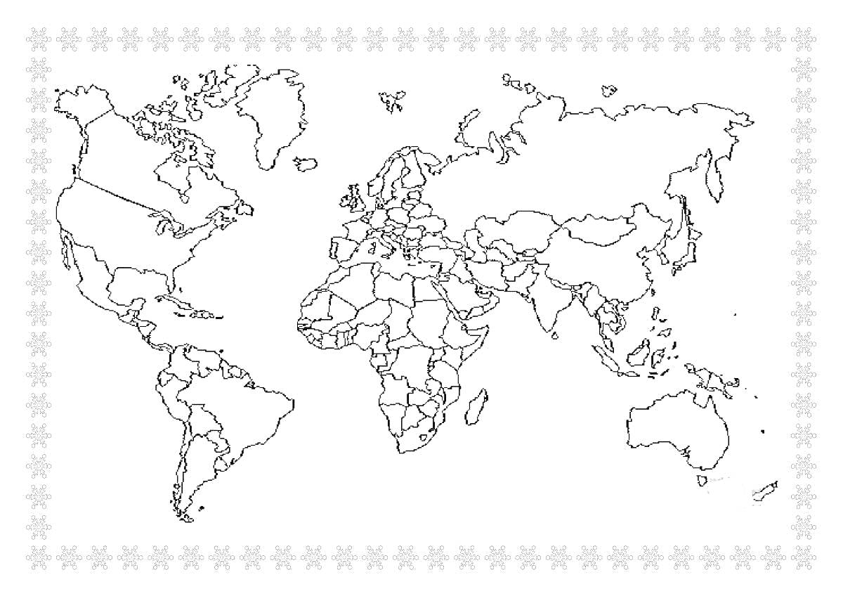 На раскраске изображено: Карта мира, Континенты, География, Орнамент