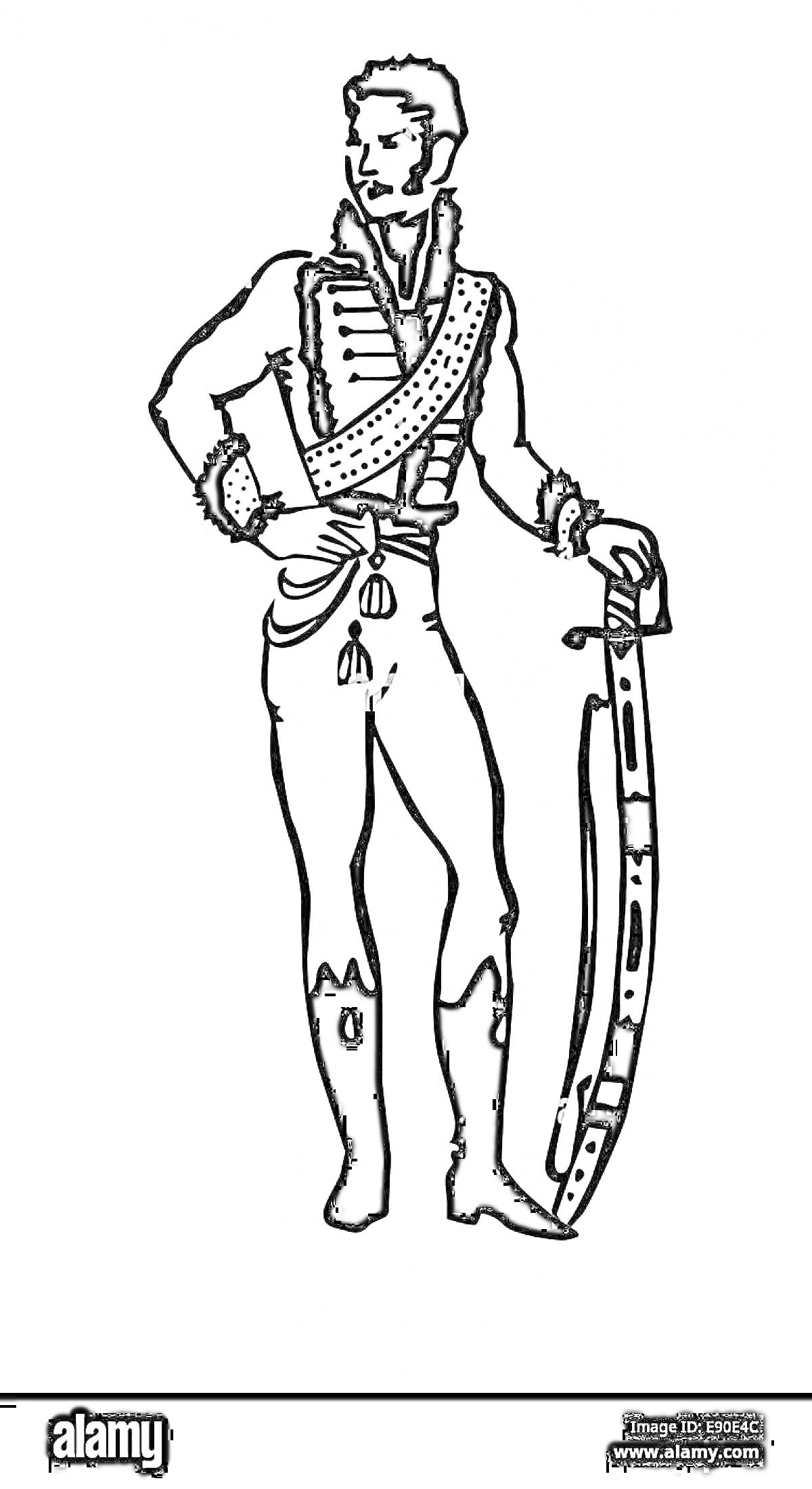 Раскраска Гусар с саблей и аксельбантом, стоящий с одной рукой на поясе, другой рукой опираясь на саблю