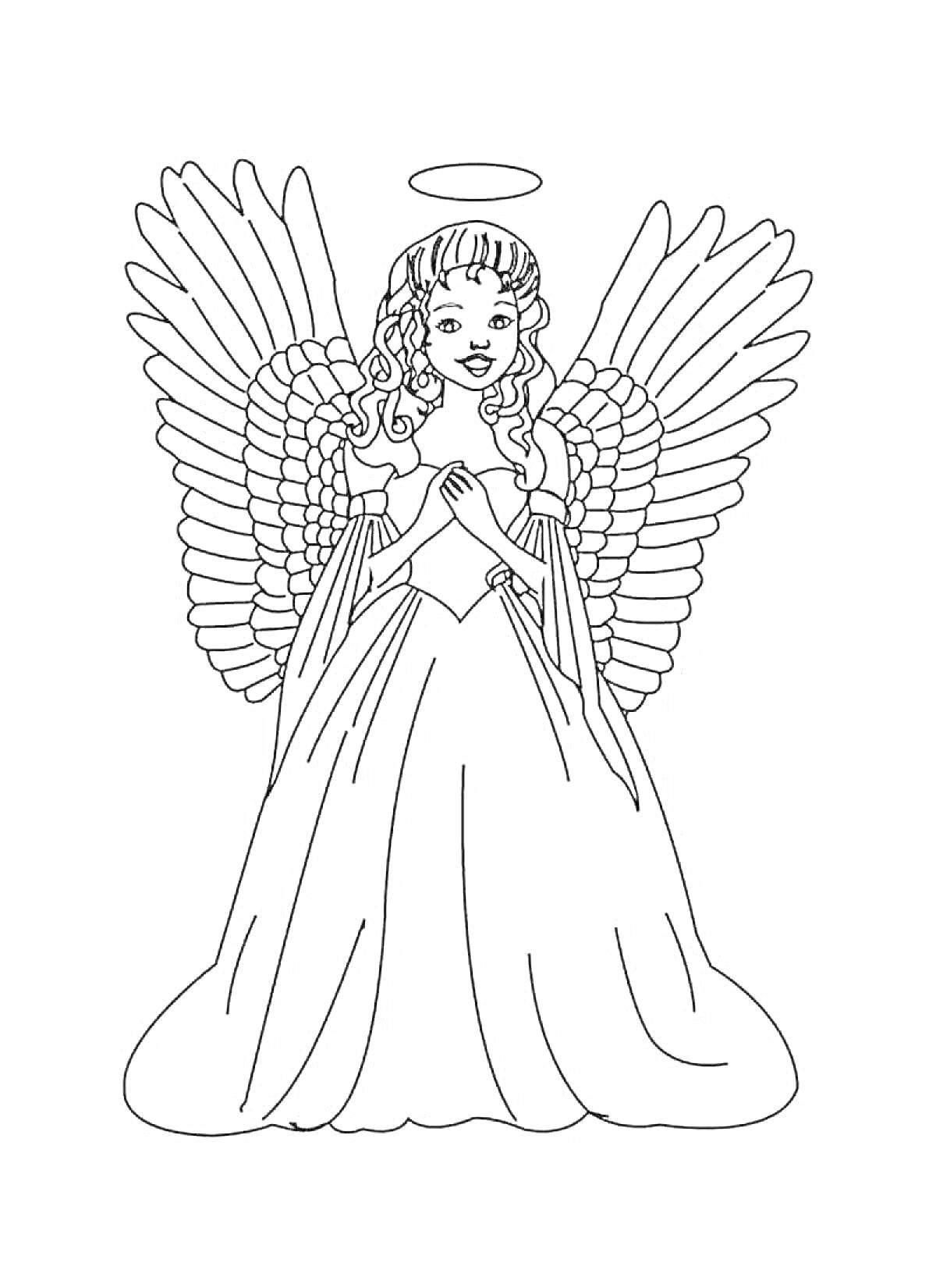 Раскраска Милая ангелочка с крыльями и нимбом в длинном платье