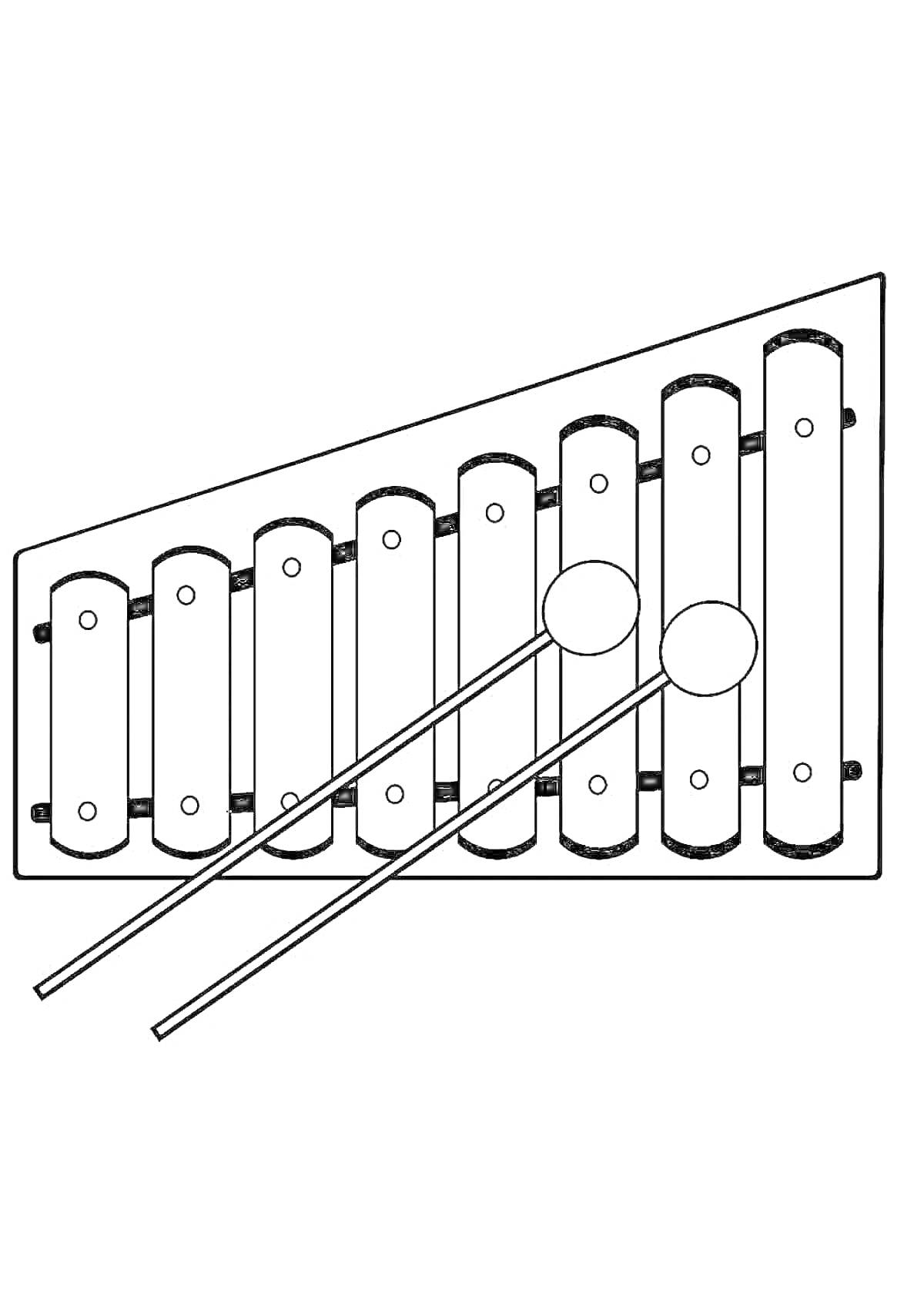 Раскраска Металлофон с шестью пластинками и двумя палочками