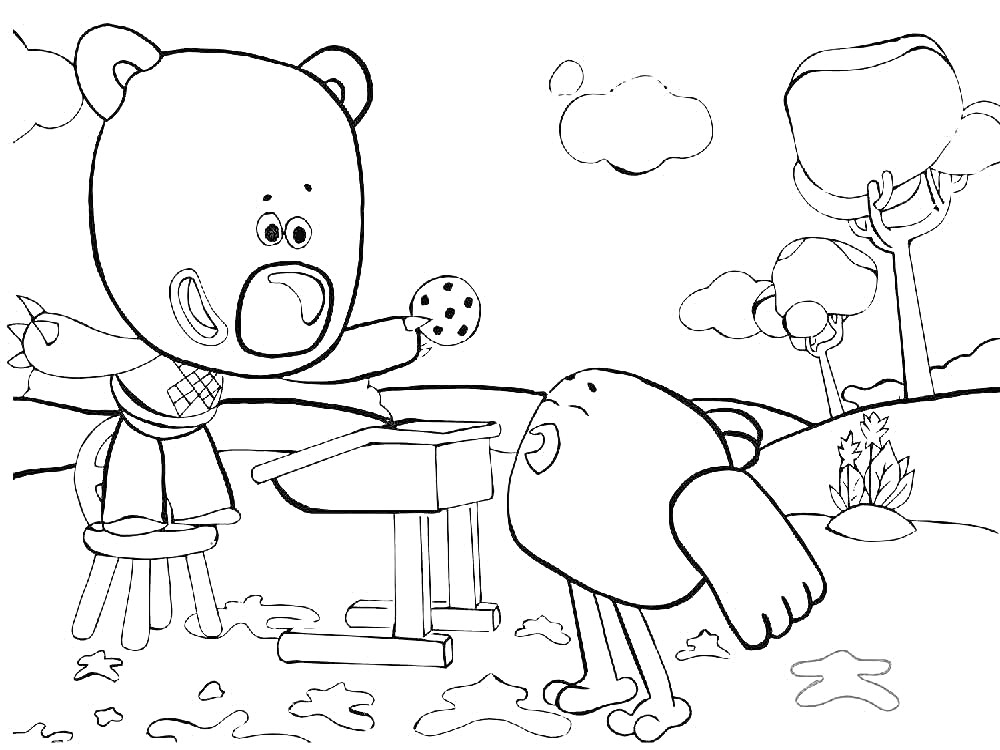 Медведь дает сладость птице, стол, табурет, деревья, облака