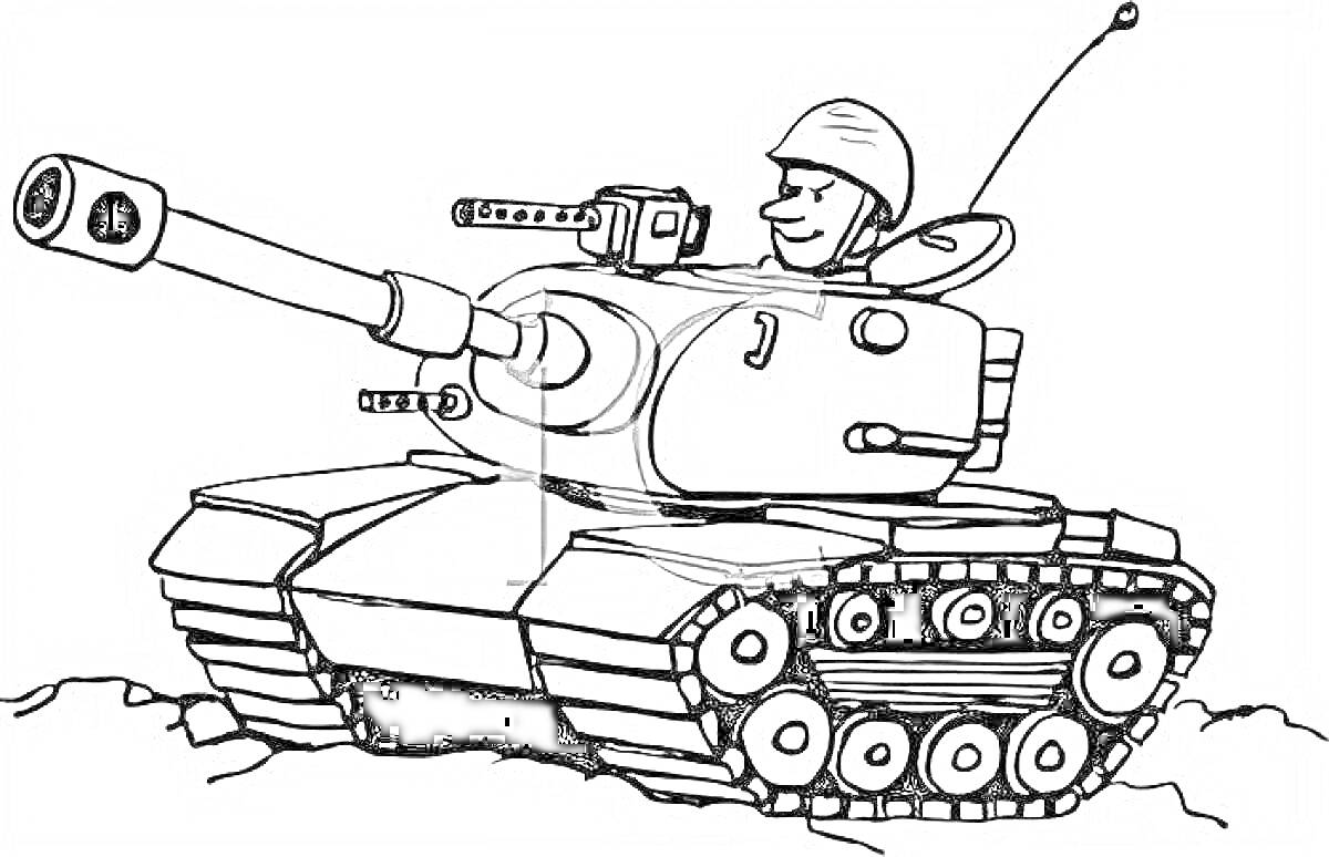 Раскраска Танкист в боевом танке на пересеченной местности