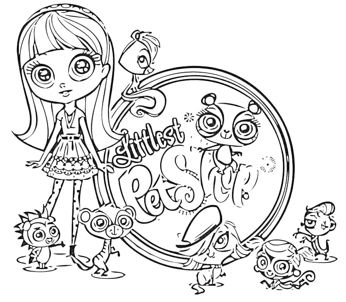 Раскраска Девочка с прямыми волосами и бантом, семь животных, круглый логотип 