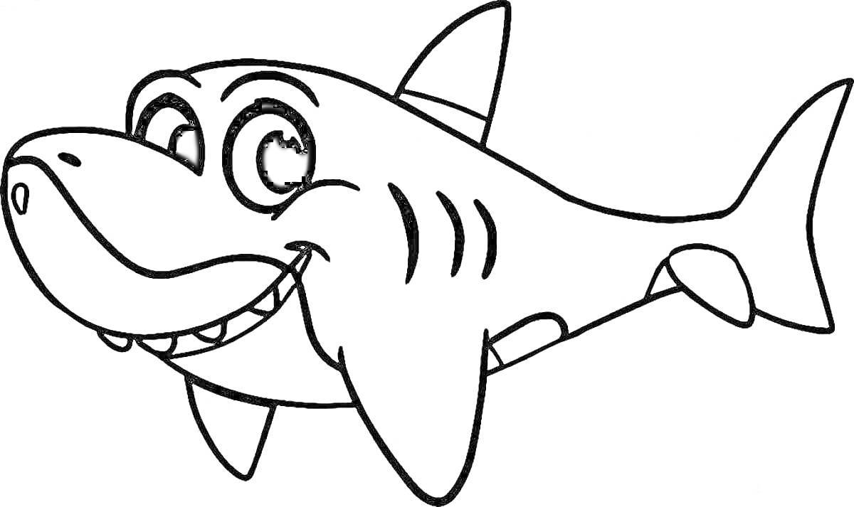 Раскраска Акула с улыбкой и большими глазами, на одном из спинных плавников полоска