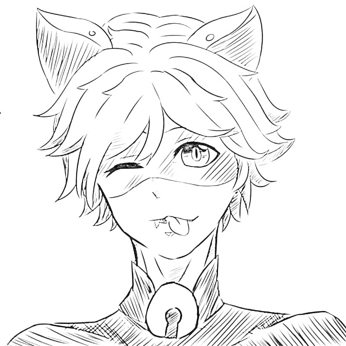 Раскраска Человек в маске с кошачьими ушами и ошейником, подмигивающий и показывающий язык