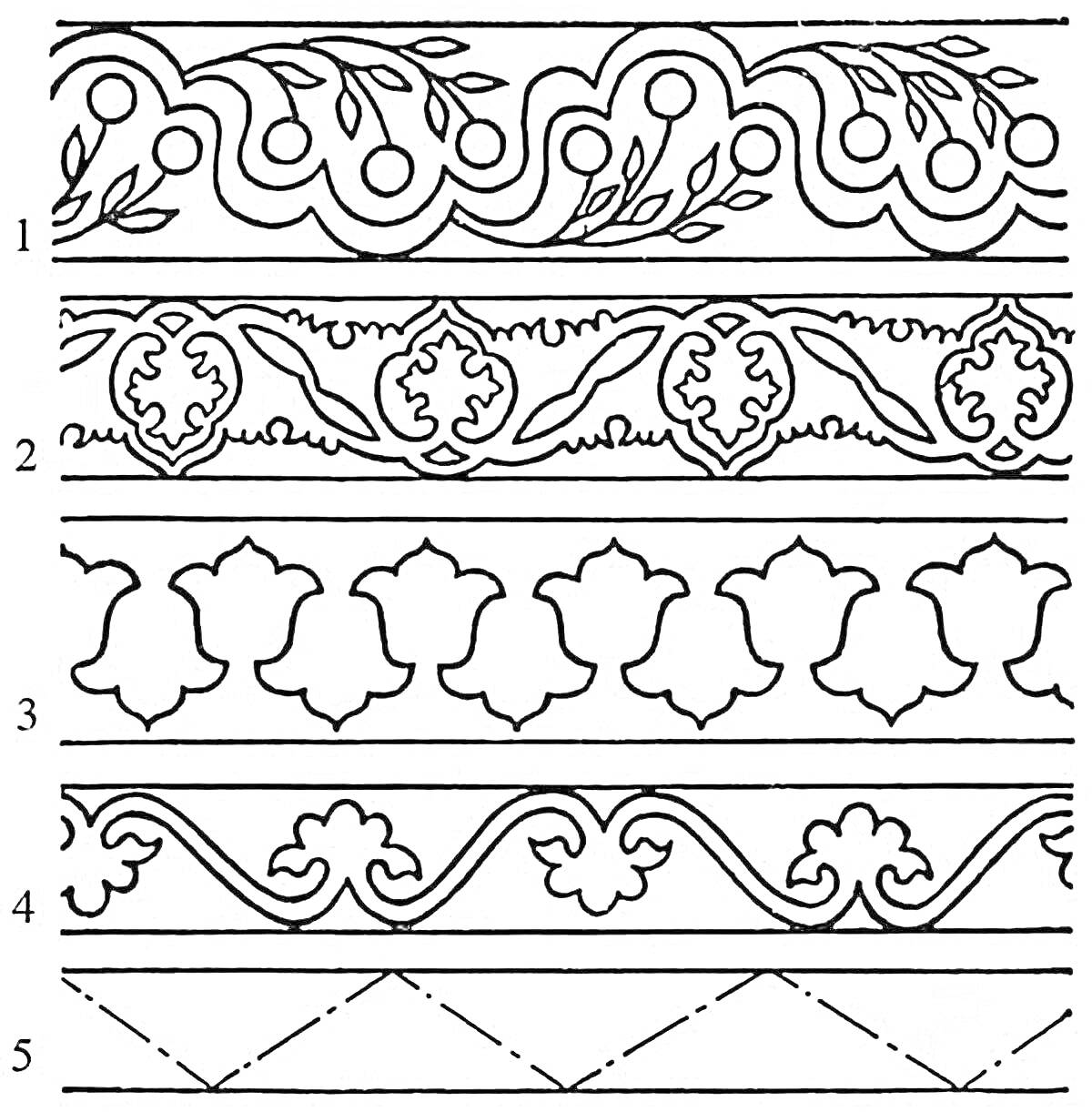 Раскраска татарский орнамент с растительными мотивами и геометрическими узорами, включает узоры из листьев, ветвей, цветочных мотивов, геометрических фигур и линий