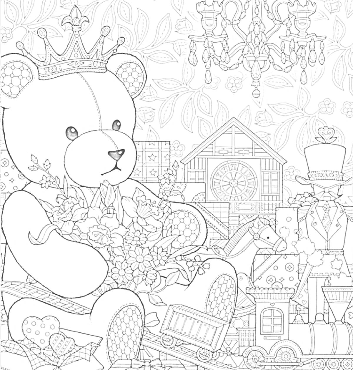 Раскраска Мишка в короне с цветами, игрушечный дом, качели и паровозик