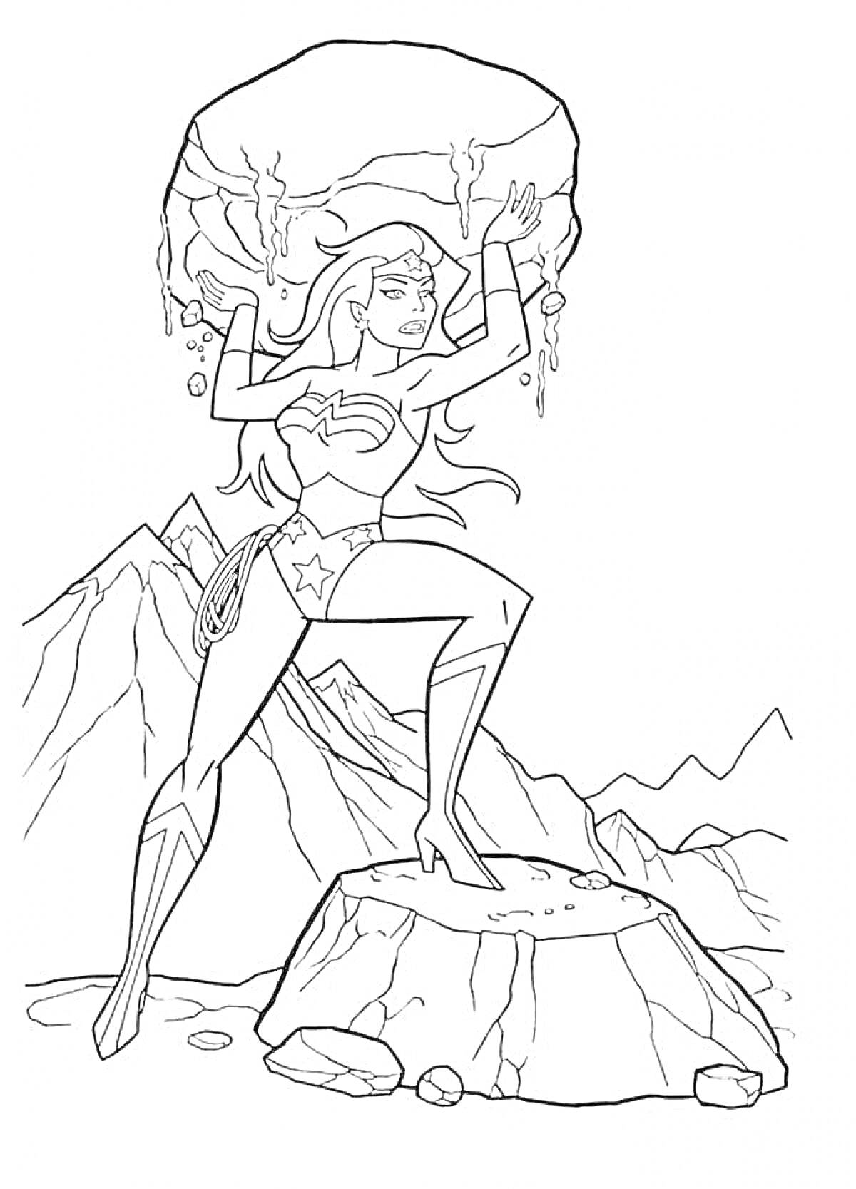 На раскраске изображено: Горы, Сила, Женщина, Комиксы