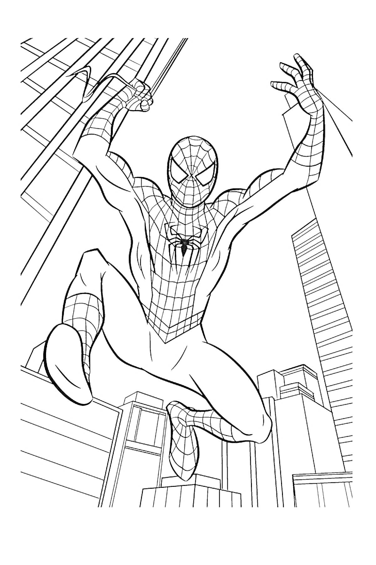 Раскраска Человек-паук, летящий на паутине среди зданий города