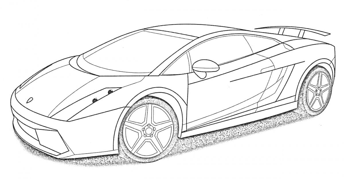 Раскраска Lamborghini с автомобильным кузовом, капотом, боковыми зеркалами и спойлером.