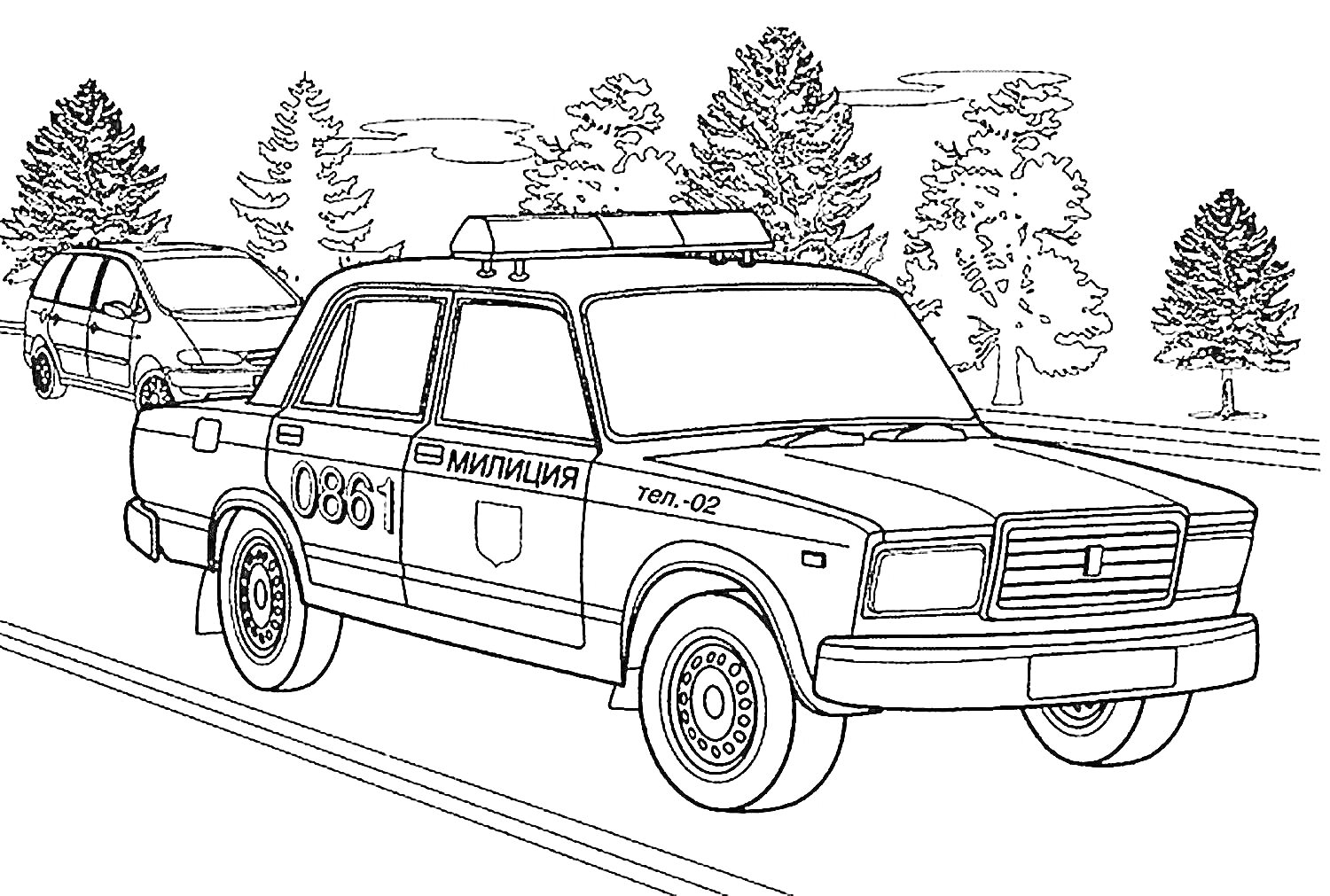 Раскраска Полицейская машина на дороге с деревьями на заднем плане