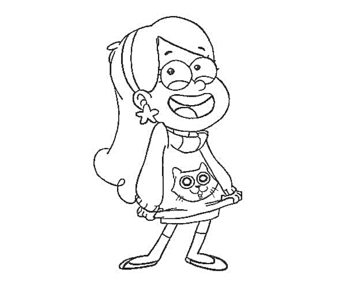 Раскраска Девочка с длинными волосами и звездочками в ушах, улыбающаяся в кофте с изображением кота