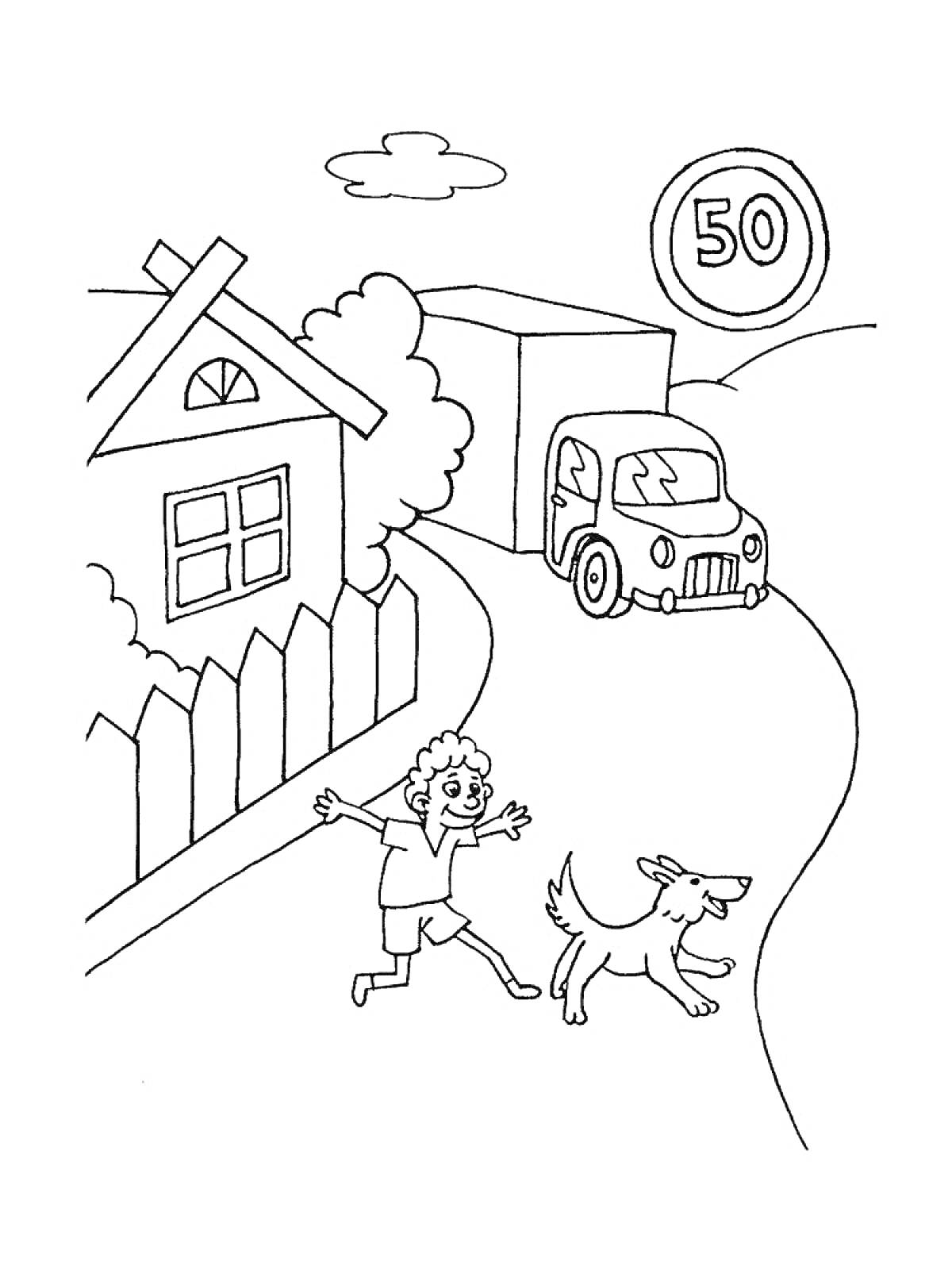 Раскраска Дом, забор, кусты, деревья, дорога, грузовик, легковая машина, ребенок, собака, знак ограничения скорости 50