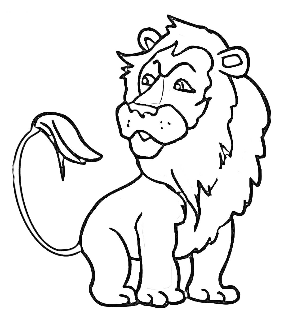Раскраска Лев с гривой и хвостом, стоящий в профиль