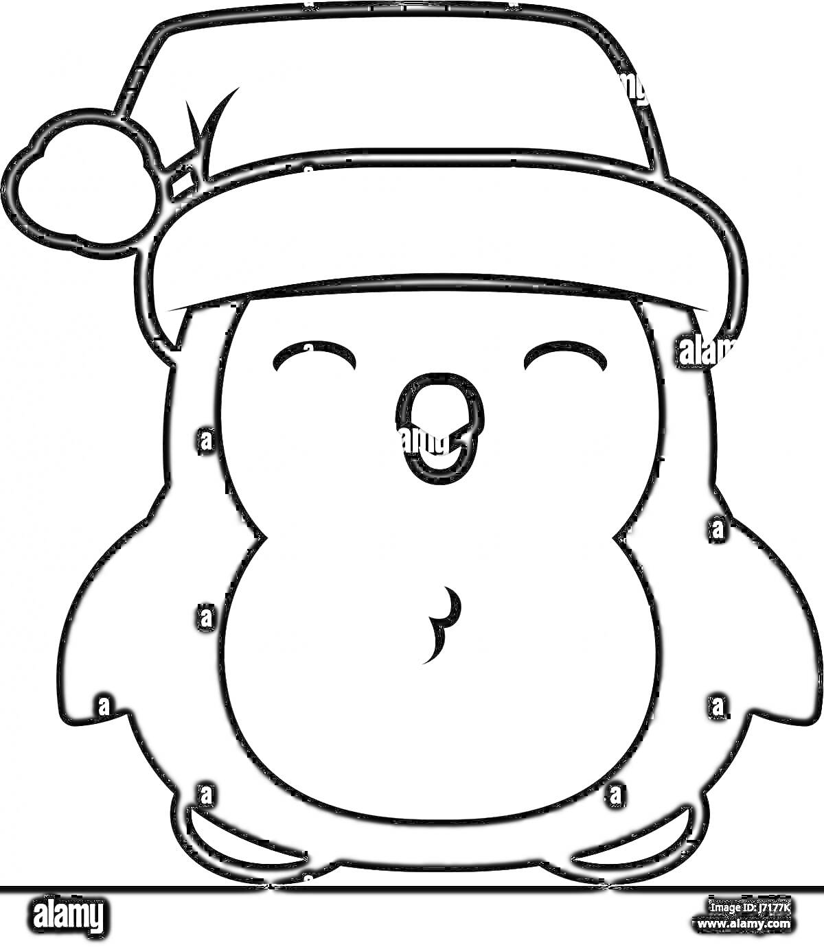 Раскраска Пингвин в шапке с помпоном, смотрящий прямо вперед, с закрытыми глазами и улыбающийся