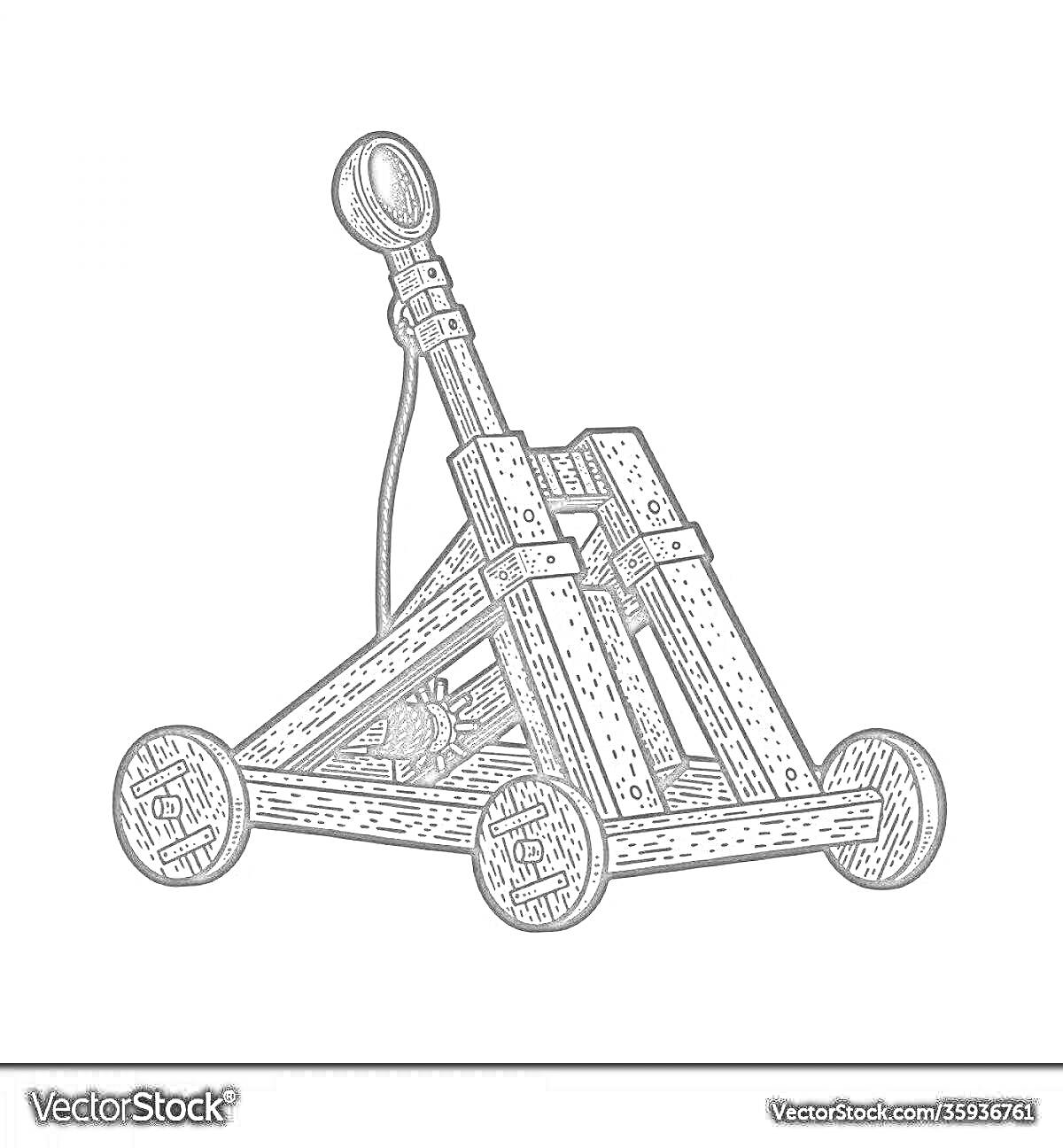 Раскраска Катапульта с колесами, рычагом и веревкой
