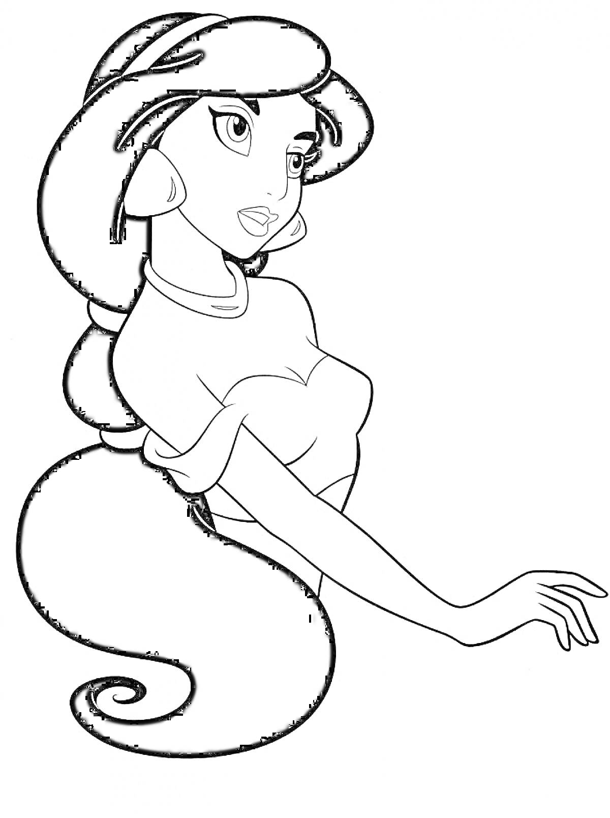 Раскраска Принцесса Жасмин с длинными волосами, стоящая в профиль, с серьгами и ожерельем