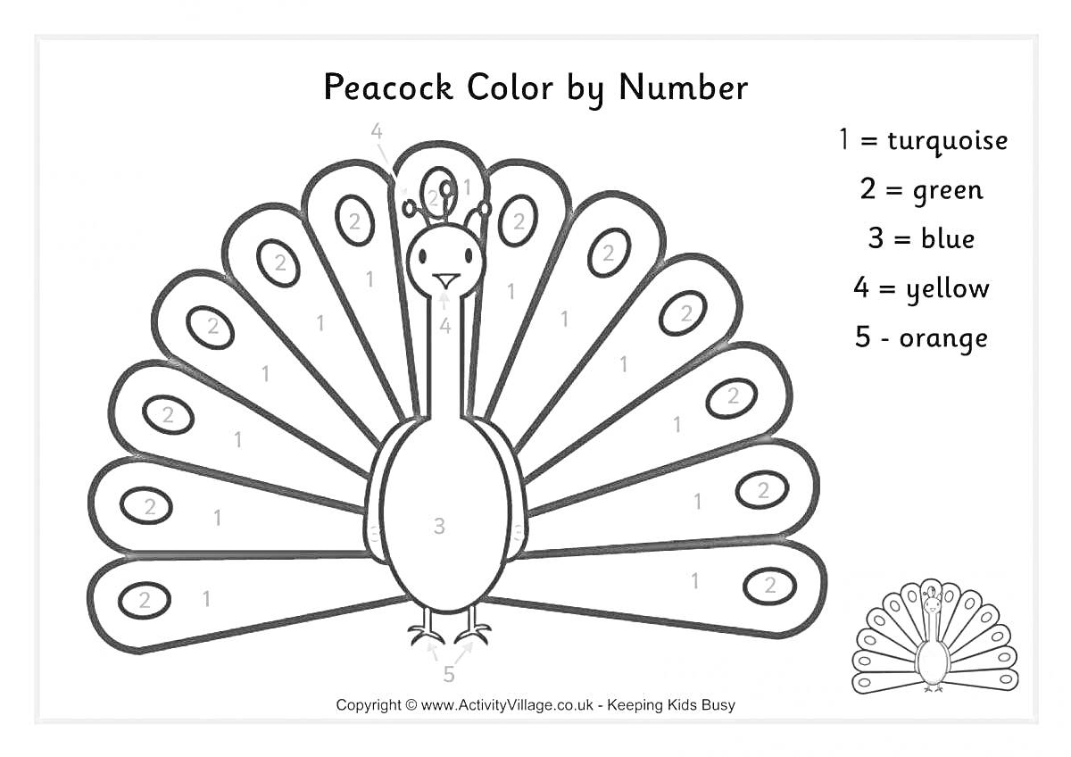 На раскраске изображено: Павлин, По номерам, Бирюзовый, Зеленый, Желтый