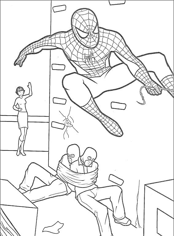Раскраска Человек Паук, прыгающий с высокого здания; женщина машет рукой; два связанного грабителя