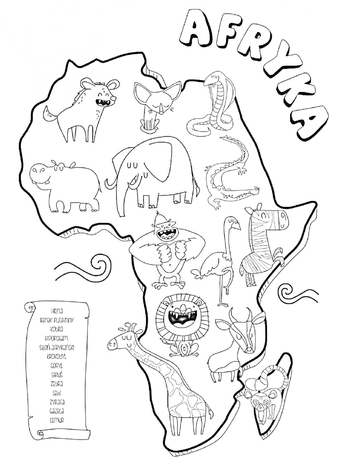 На раскраске изображено: Африка, Животные, Леопард, Слон, Носорог, Кабан, Бегемот, Лев, Страус, Крокодил