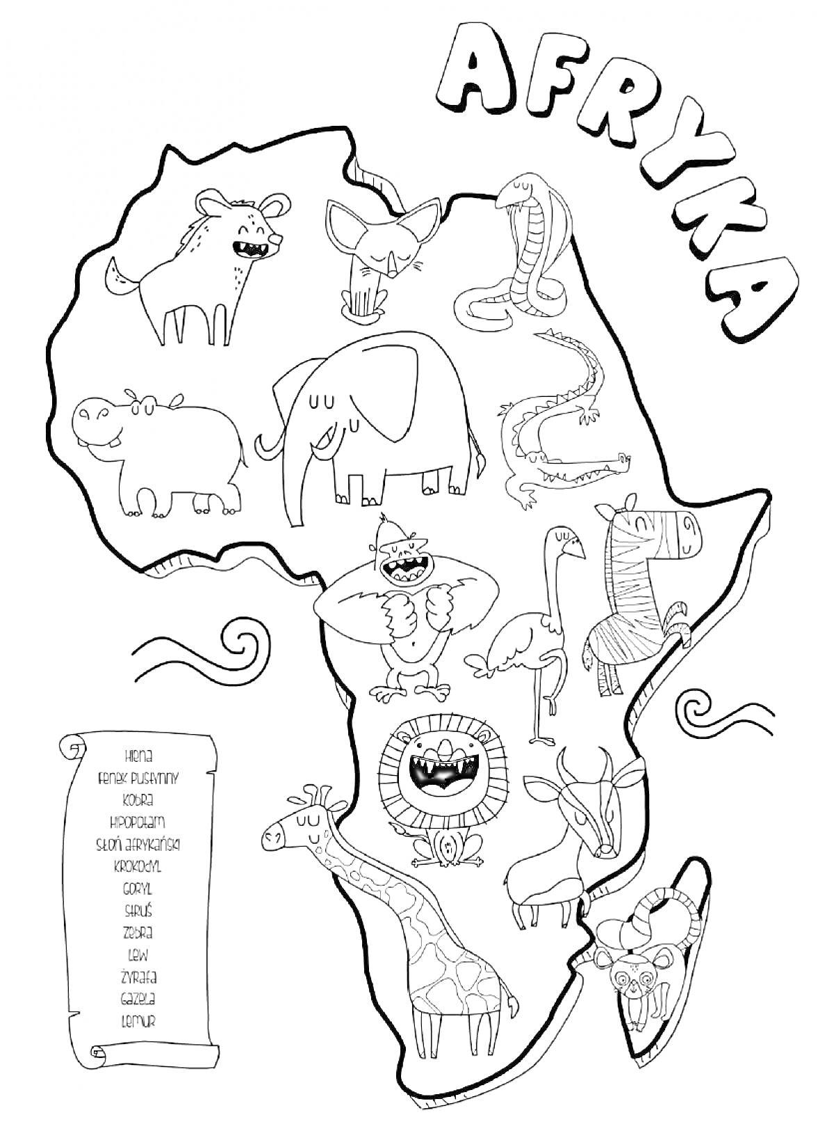 Раскраска Раскраска с континентом Африка и животными: леопард, слон, носорог, кабан, змея, бегемот, слон, обезьяна, жираф, лев, страус, крокодилб слон
