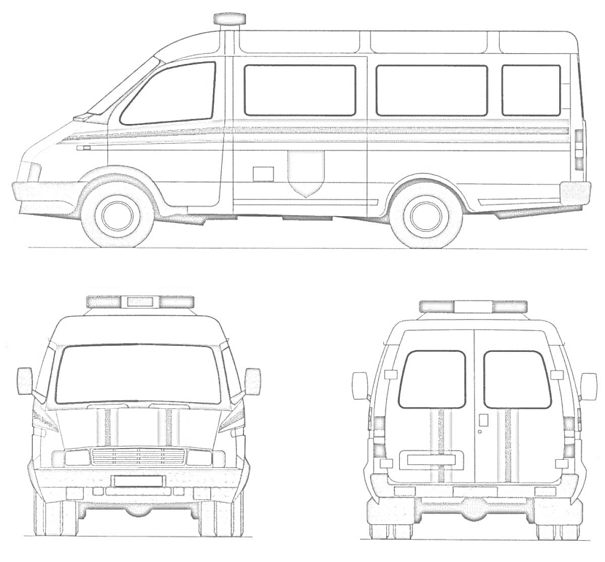 Раскраска Машина МЧС, вид сбоку, спереди и сзади с деталями, включая полосы, окна и световые сигналы