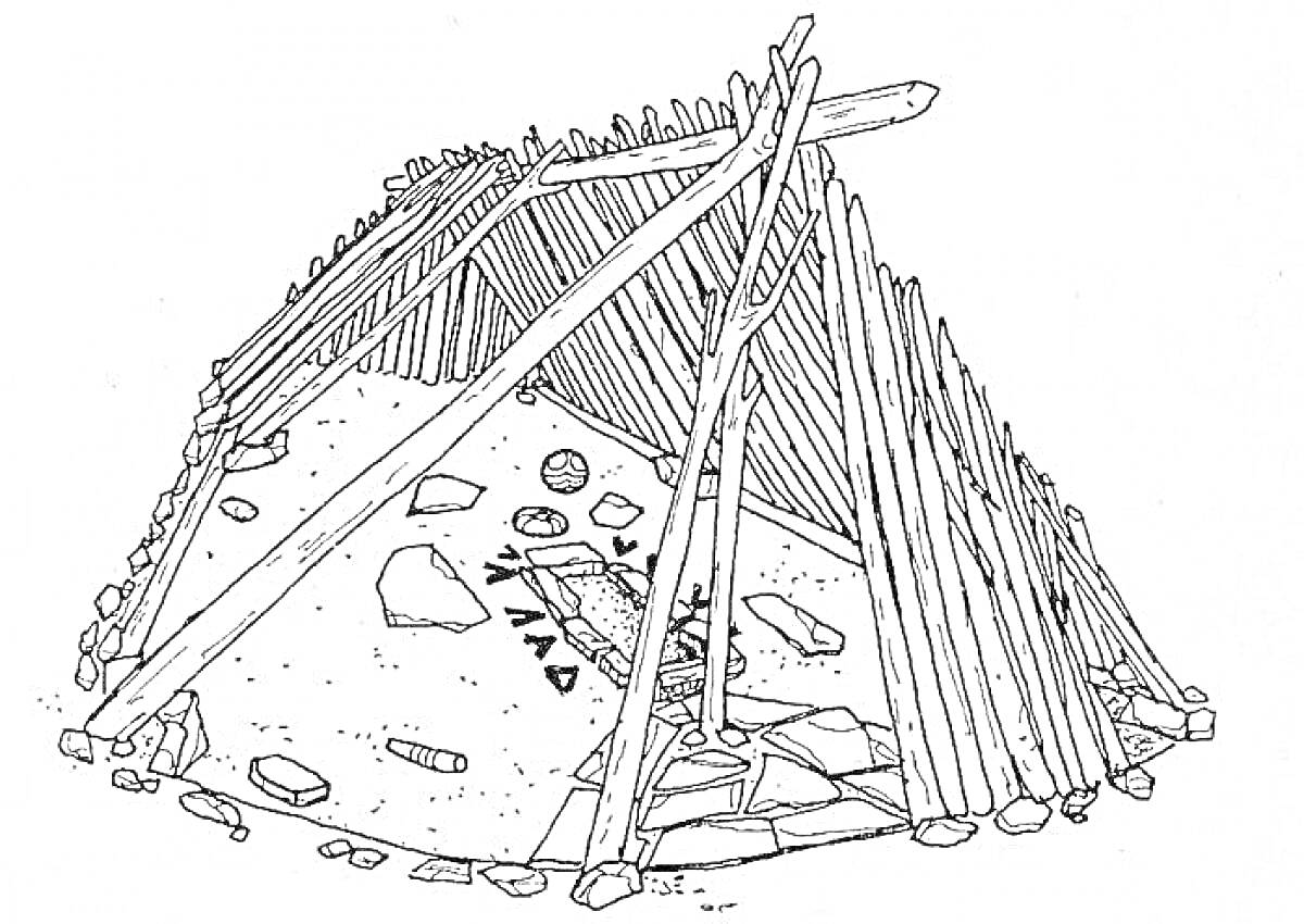 Раскраска Шалаш из палок с костром, камнями и деревянными опорами