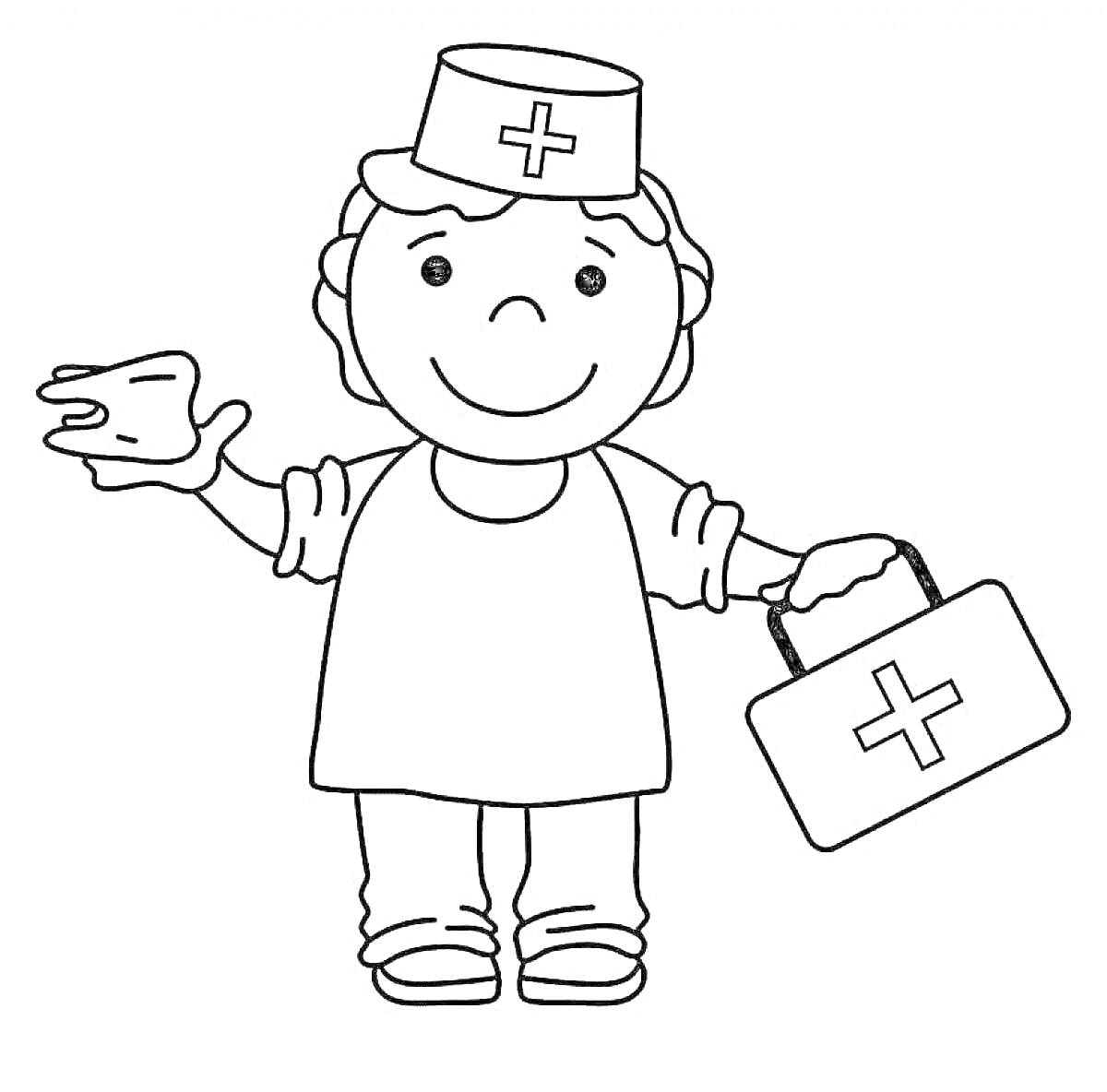 На раскраске изображено: Доктор, Медицина, Медицинская сумка, Крест, Шапка, Для детей, Герои мультфильмов