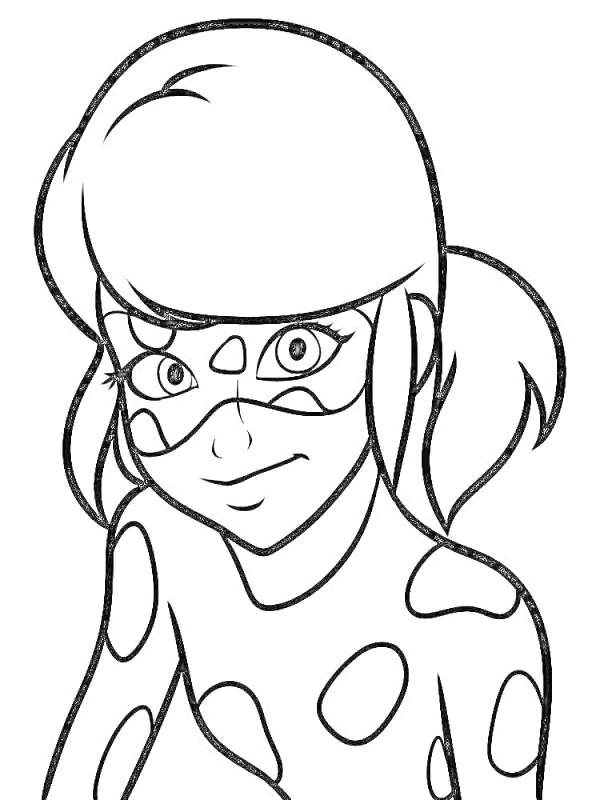 Раскраска Леди Баг крупным планом с пятнистой маской и костюмом