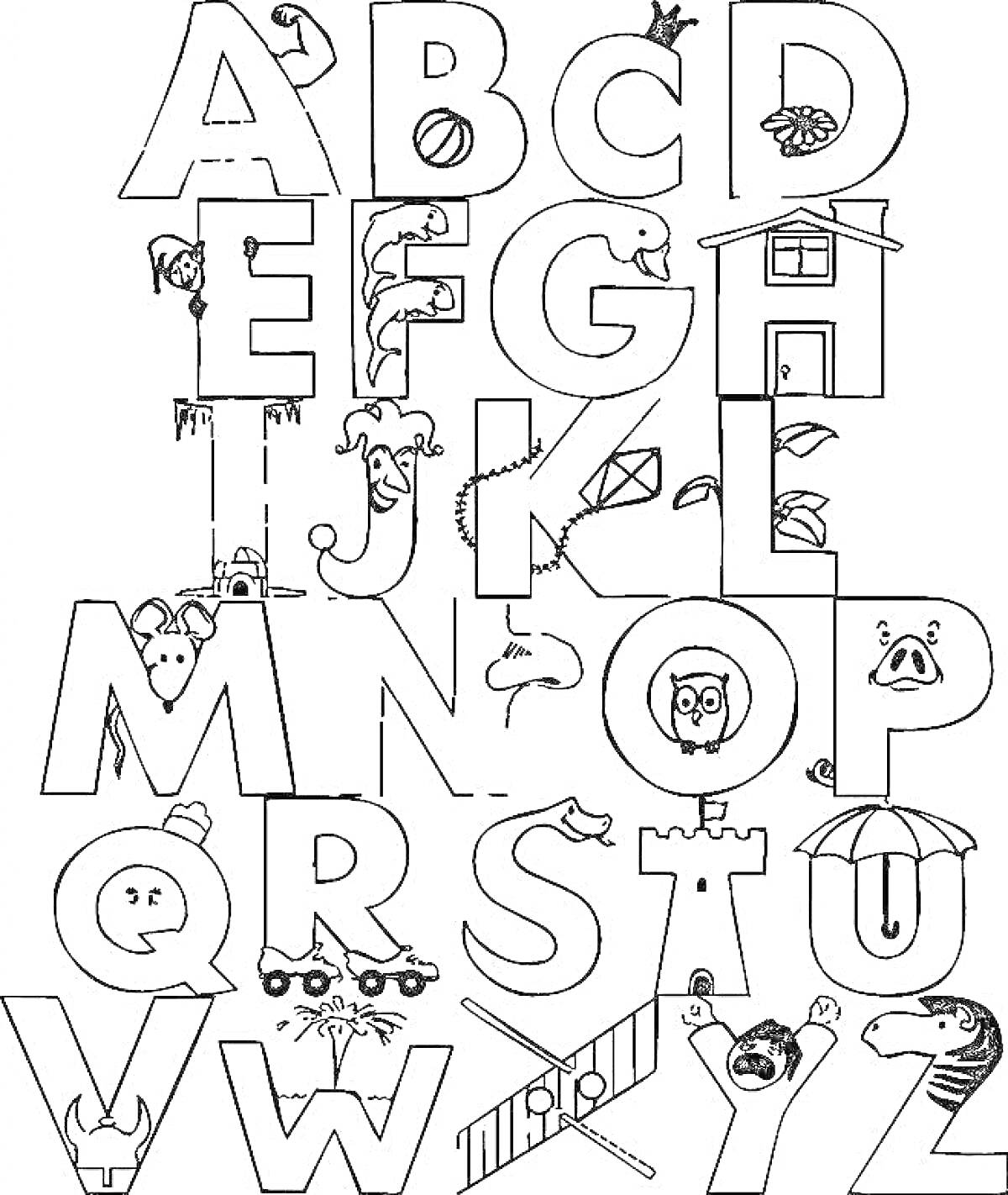 Раскраска Алфавит с изображениями, иллюстрирующими каждую букву (яблоко, пчела, мышка, собака, сова, зебра и др.)