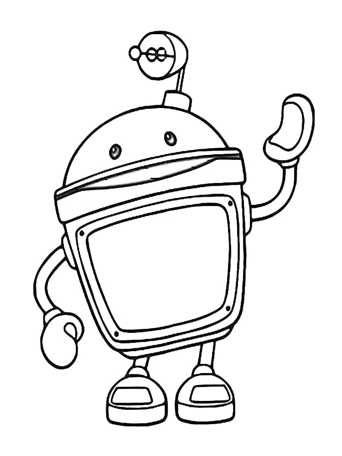 На раскраске изображено: Робот, Умизуми, Поднимает руку, Антенны, Обувь