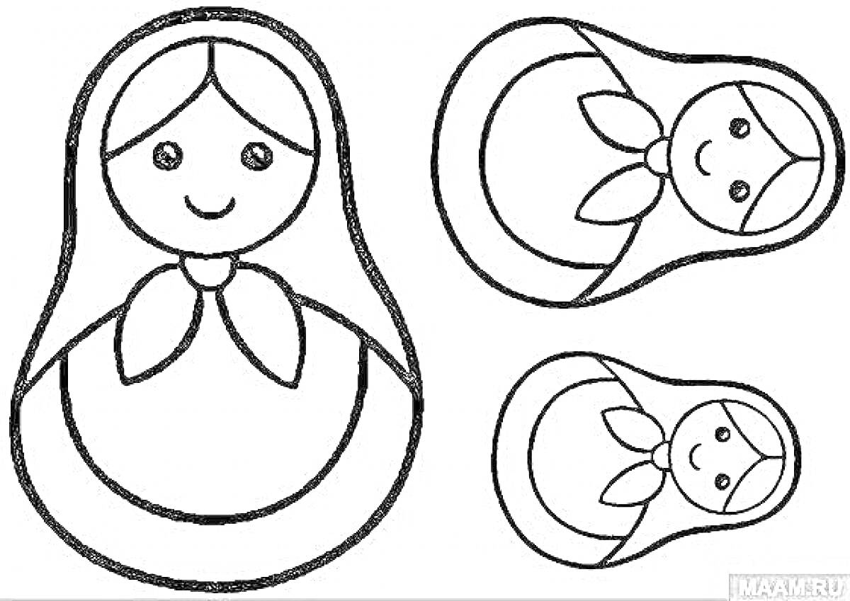 Раскраска Матрешка с тремя куклами, большие и маленькие, два вида расположения голов