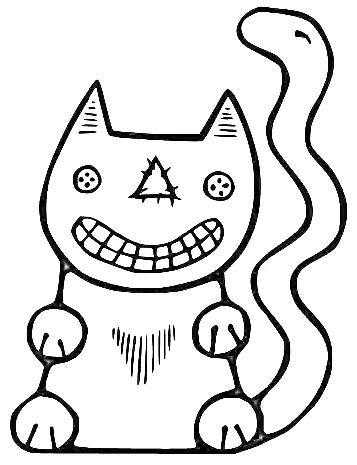 Раскраска Картонный кот с улыбающимся лицом, треугольный нос с трещинами, двумя пуговицами в качестве глаз, полосками на лбу, и змееобразным хвостом