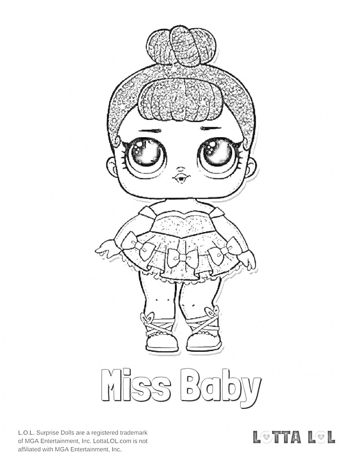 Раскраска Miss Baby в платье с рюшами и прической в виде пучка
